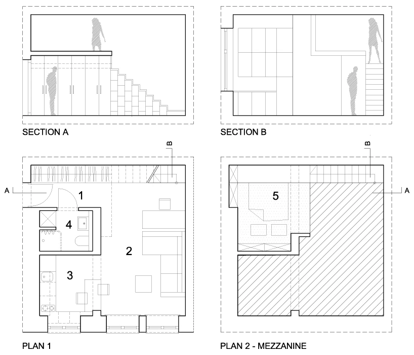 3XA maximized the space available in this small urban apartment by creating a "semi-mezzanine," as the designers describe it