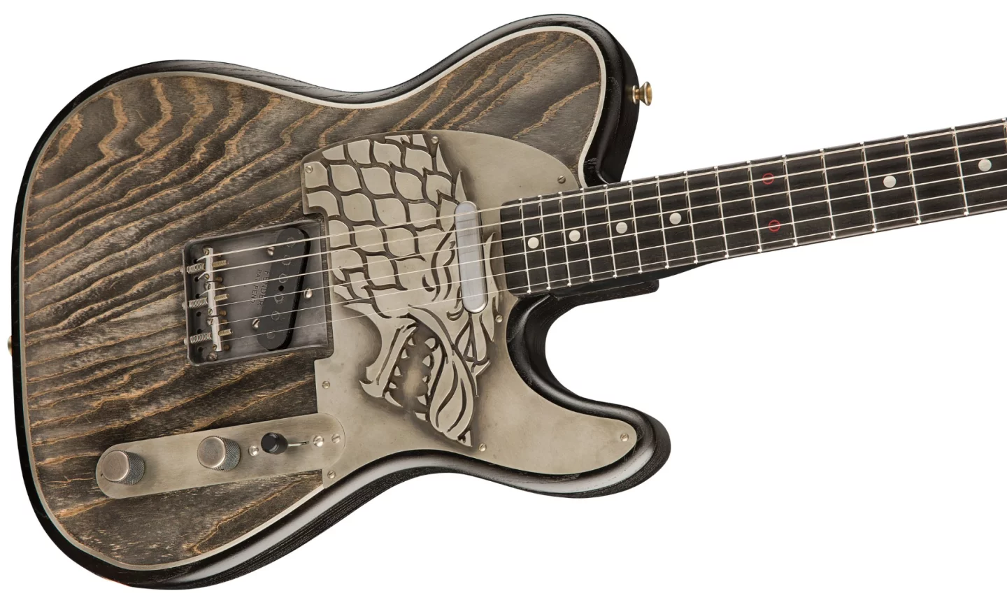 The Game of Thrones House Stark Telecaster features a Dire Wolf sigil embossed in nickel silver on the pickguard