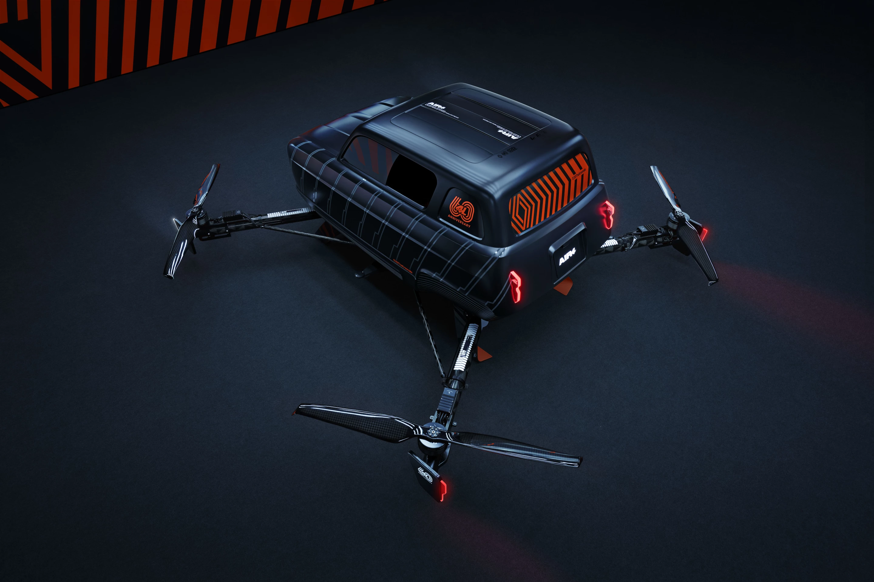 The Air4 concept features a carbon fiber body shaped like the iconic Renault 4L that sits atop a X-frame with a dual-blade prop at each corner