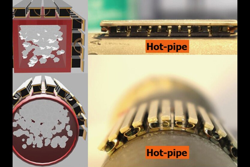 The flexible form-fitting thermoelectric generator laid flat (top), and wrapped around a hot pipe