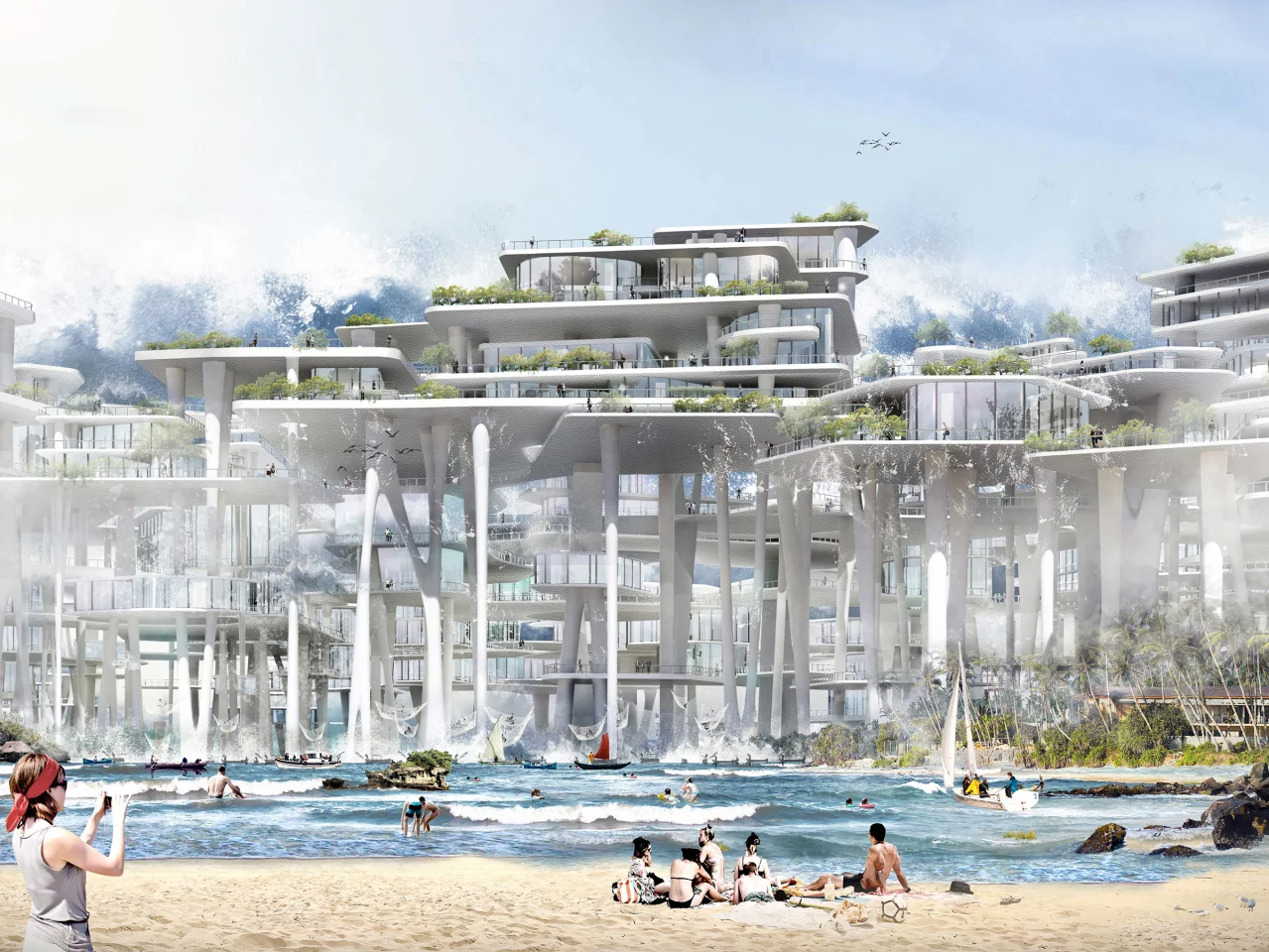 Tsunami Park Skyscraper was designed by China's Wang Jue, Zhang Qian, Zhang Changsheng, Li Muchun, and Xu Jing. Its design is inspired by mangroves and would be used to protect nearby communities from tsunamis