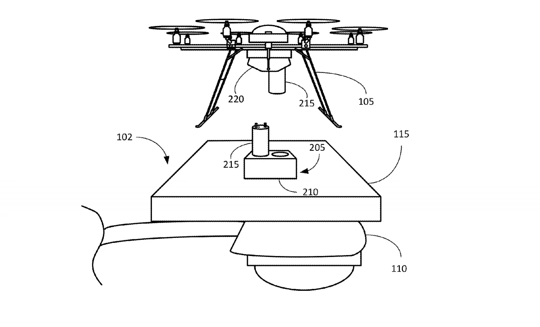 Using the docking station, Amazon's drones could come down to recharge ahead of the next leg of their journey