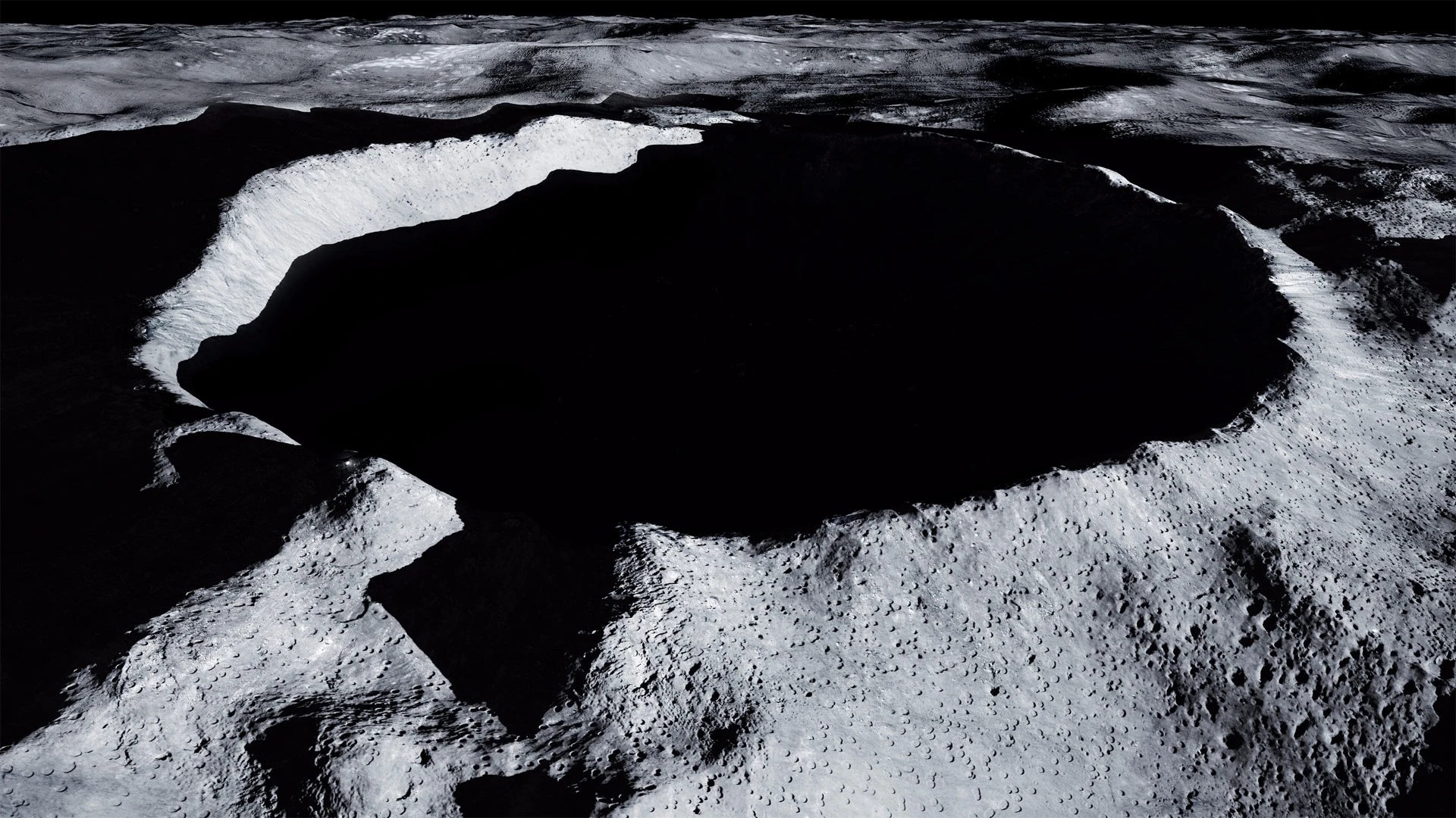 Artist's impression of the Shackleton Crater, with the temple appearing as a bright spot on its rim