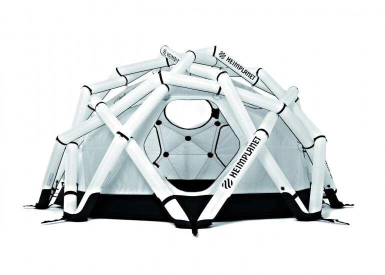 The Mavericks geodesic inflatable expedition tent can withstand winds of up to 112 mph (180 km/h)