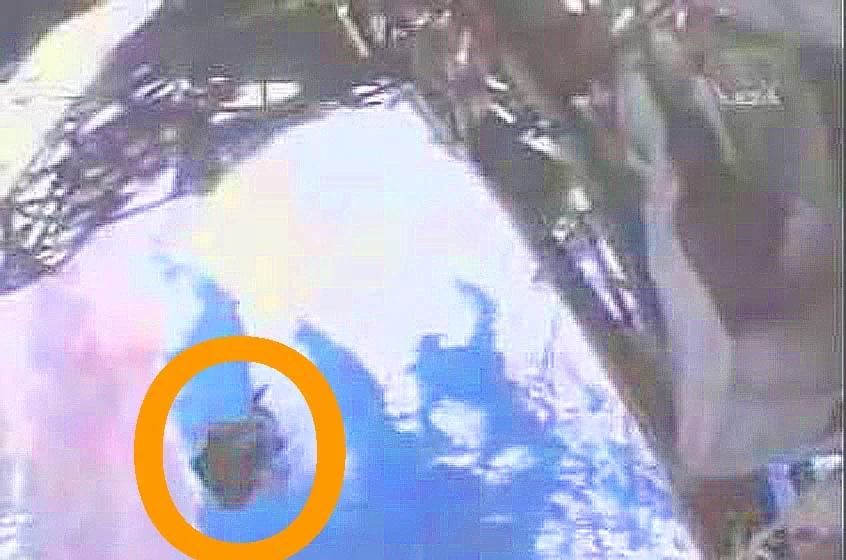 An equipment bag drifts away from spacewalker Heide Stefanyshyn-Piper as she works on a solar array gear during a Nov.18, 2008 spacewalk outside the International Space Station (Photo: NASA-TV)