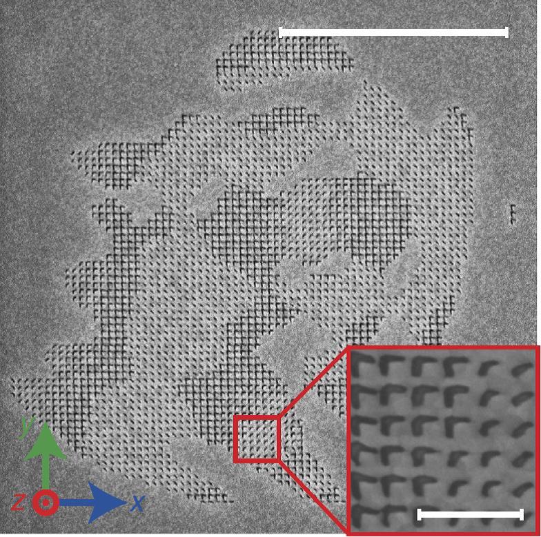 Detail of the nanoantenna array forming the plasmonic metasurface for a hologram of the letter "P" – the visible area measures about 12 microns square, and the inset shows detail of the individual nanoantennas (Image: Purdue University)