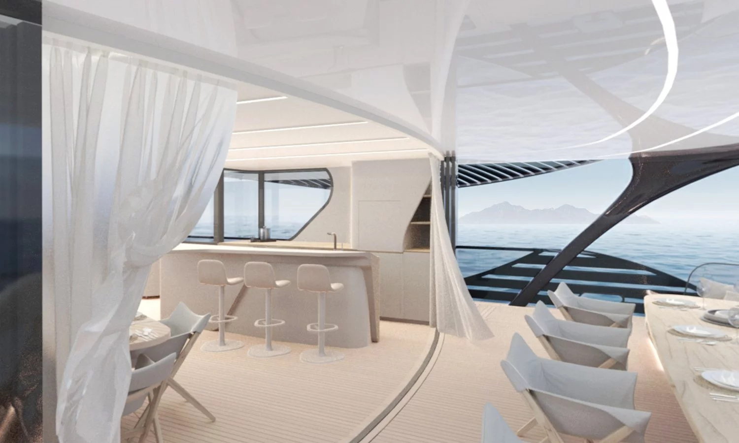 Twin torpedo-shaped buoyancy hulls under the waterline keep things comfy on board, reducing roll by up to 90 percent