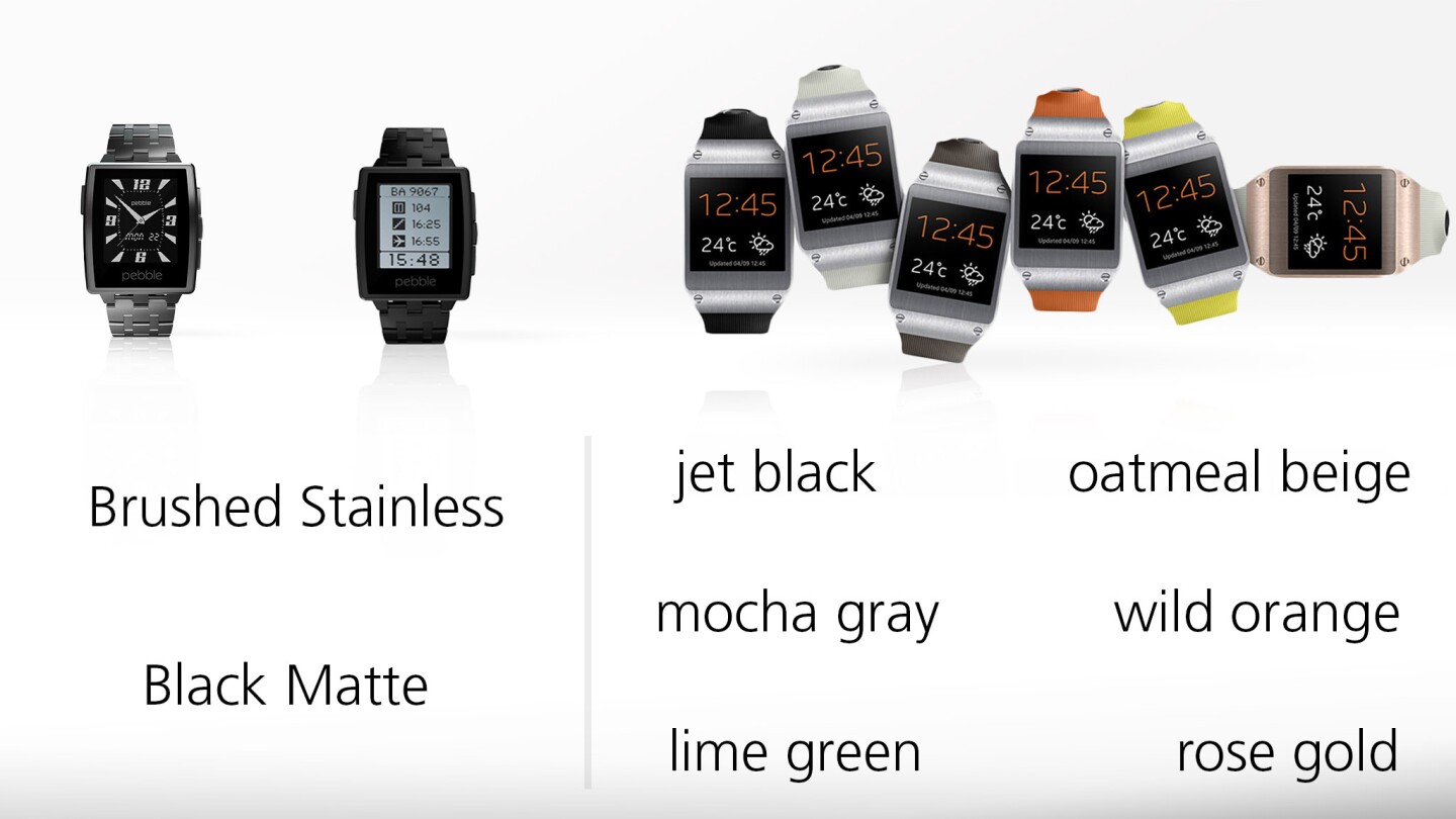 Color options for both watches ... though you can also customize the Pebble's color with your own band