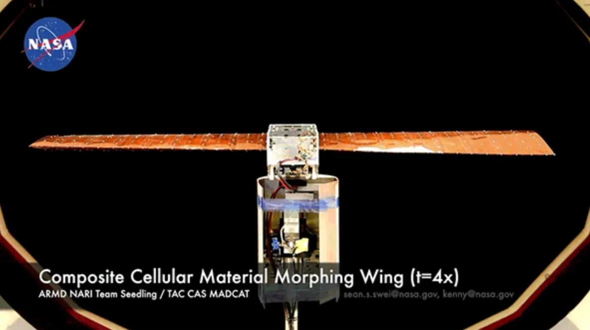 A test version of the deformable wing designed by the MIT and NASA researchers is shown undergoing its twisting motions