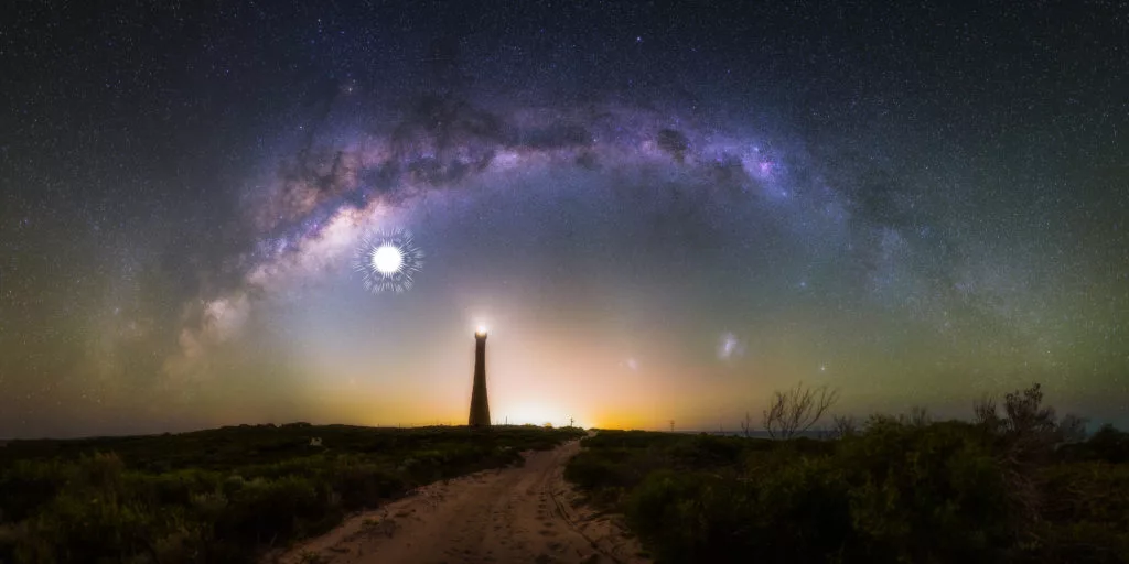 A 28-image mosaic of the Milky Way, over the Guilderton Lighthouse in Western Australia – the location of a supernova explosion that occurred 9,000 years earlier has been superimposed