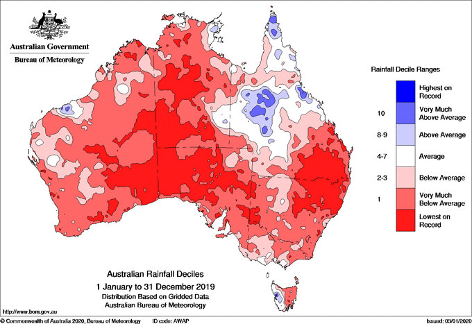 A map of the mean rainfall across Australia in 2019