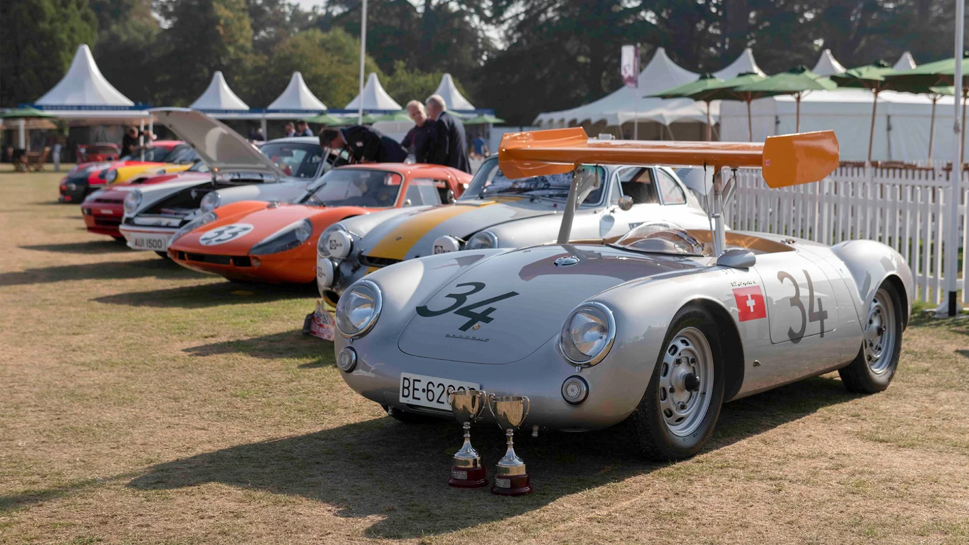 Some of the entrants from the 2018 Concours Masters Celebration of 70 Years of Porsche, fronted by the winner of the “Most Technically Interesting” award, a 1955 Porsche 550 RS Spyder