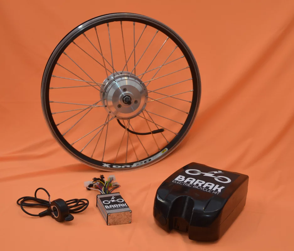 The kit consists of a lithium-ion battery, a controller, a thumb throttle, and a front wheel with a hub motor