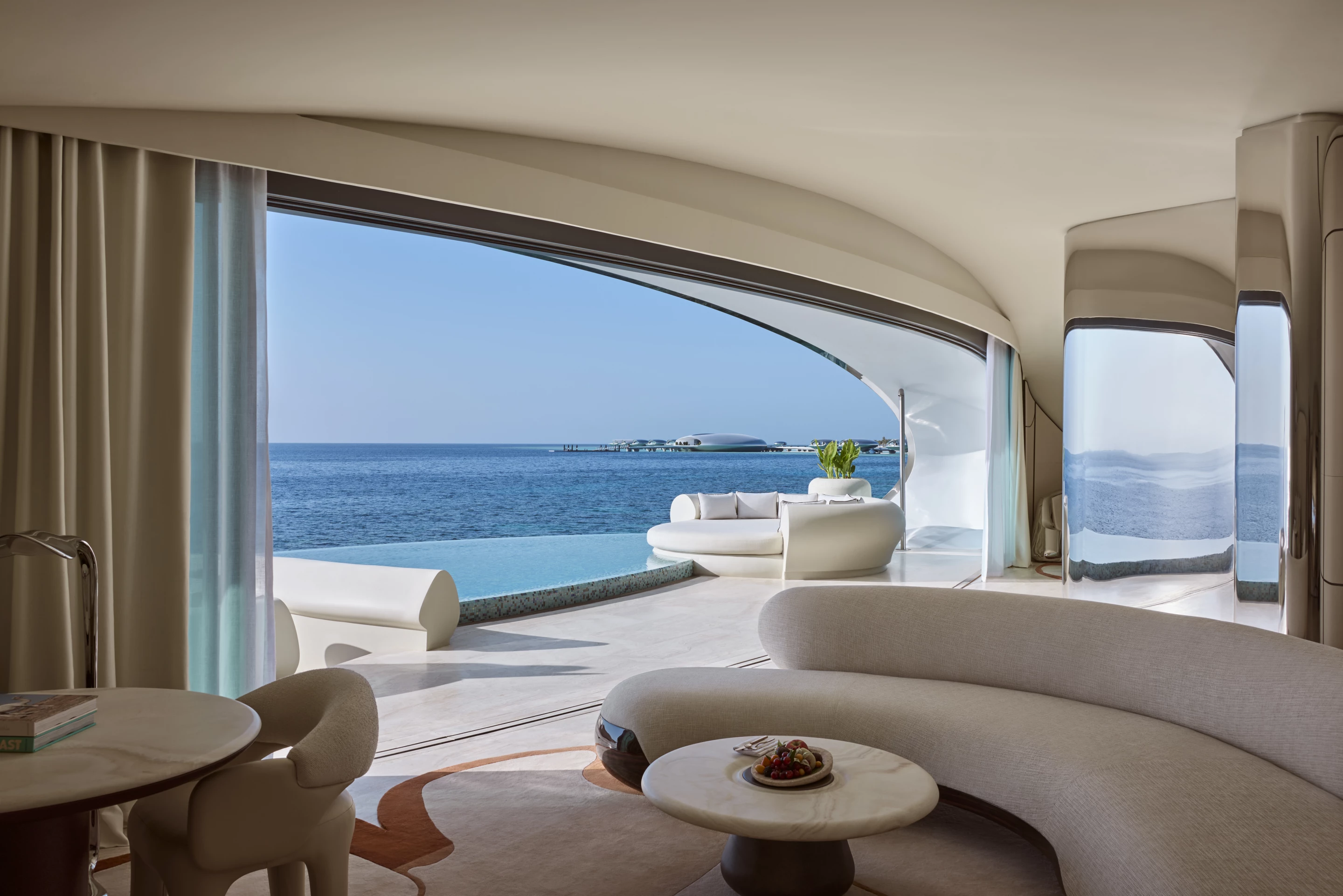 Shebara Resort's pod residences feature an open layout that offers stunning views of the Red Sea