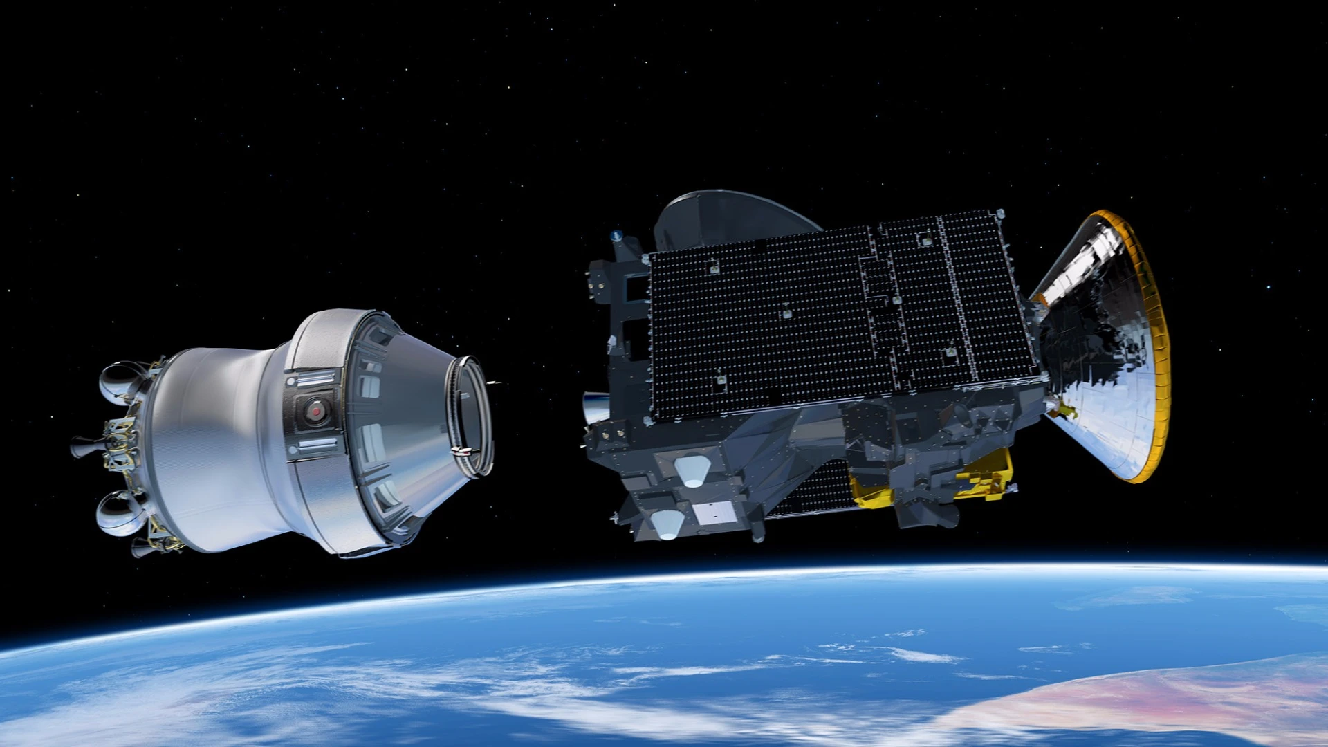 Artist's impression visualising the separation of the ExoMars Trace Gas Orbiter