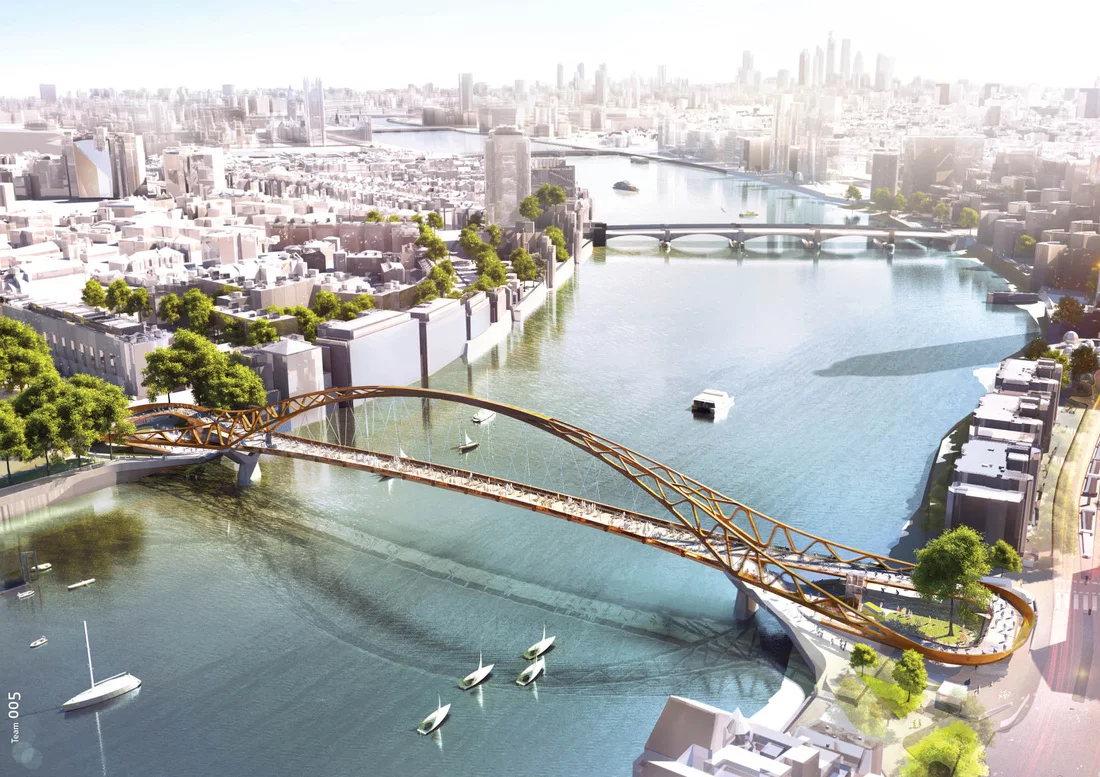 An arched bridge incorporating green space at either end (Image: NEP Bridge Competition)