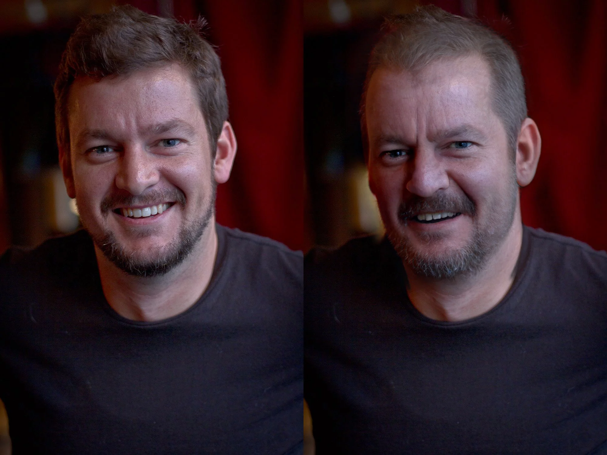 Things break down if you take them too far. Here I took my brother, made him less happy, more angry, older in the face, with thinner hair and I tilted his head sideways a bit. Sorry bro