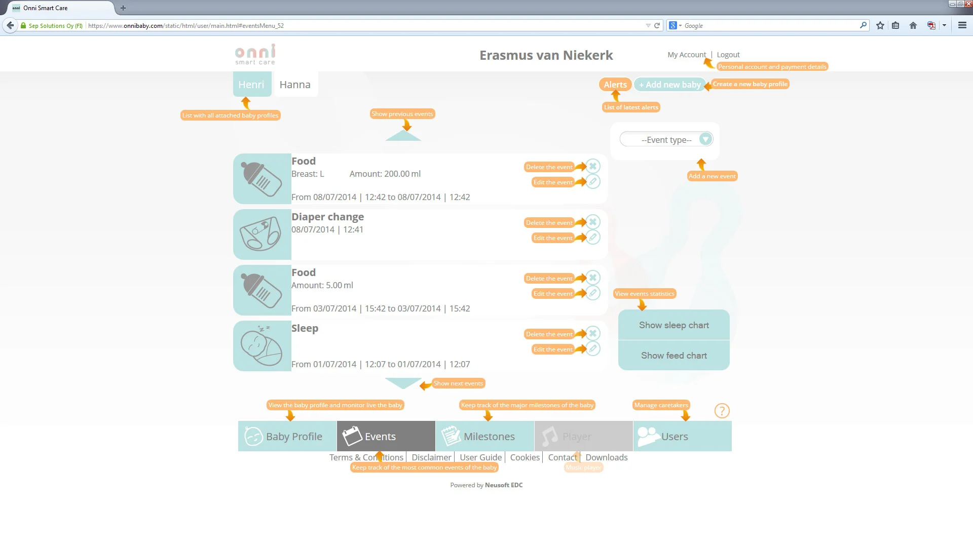 The Onni Smart Care web portal allows parents to monitor their child and log things like sleep, diaper changes and feeding