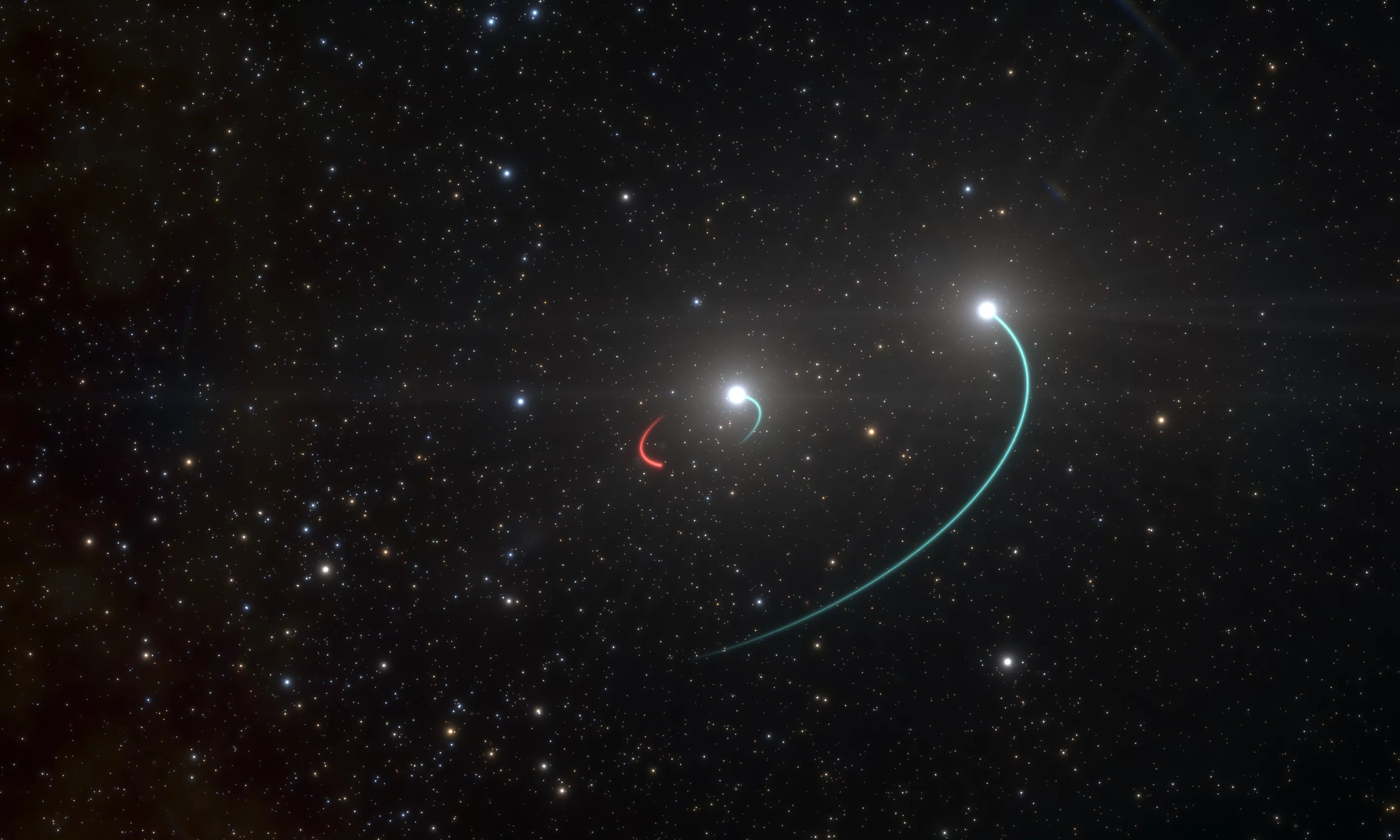 Artist's impression of the triple system HR 6819, with the orbital path of the newly discovered black hole depicted in red