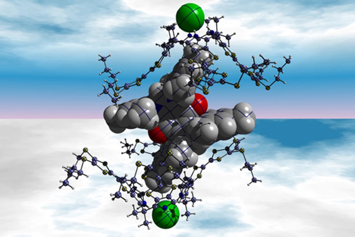 Illustration of an assembled set of different molecules that meet, exchange electrons and then disassemble because chloride ions, which are represented as green spheres, are present â€“ if these chloride ions are removed, the entire process can be reversed (Image: Jung Su Park)