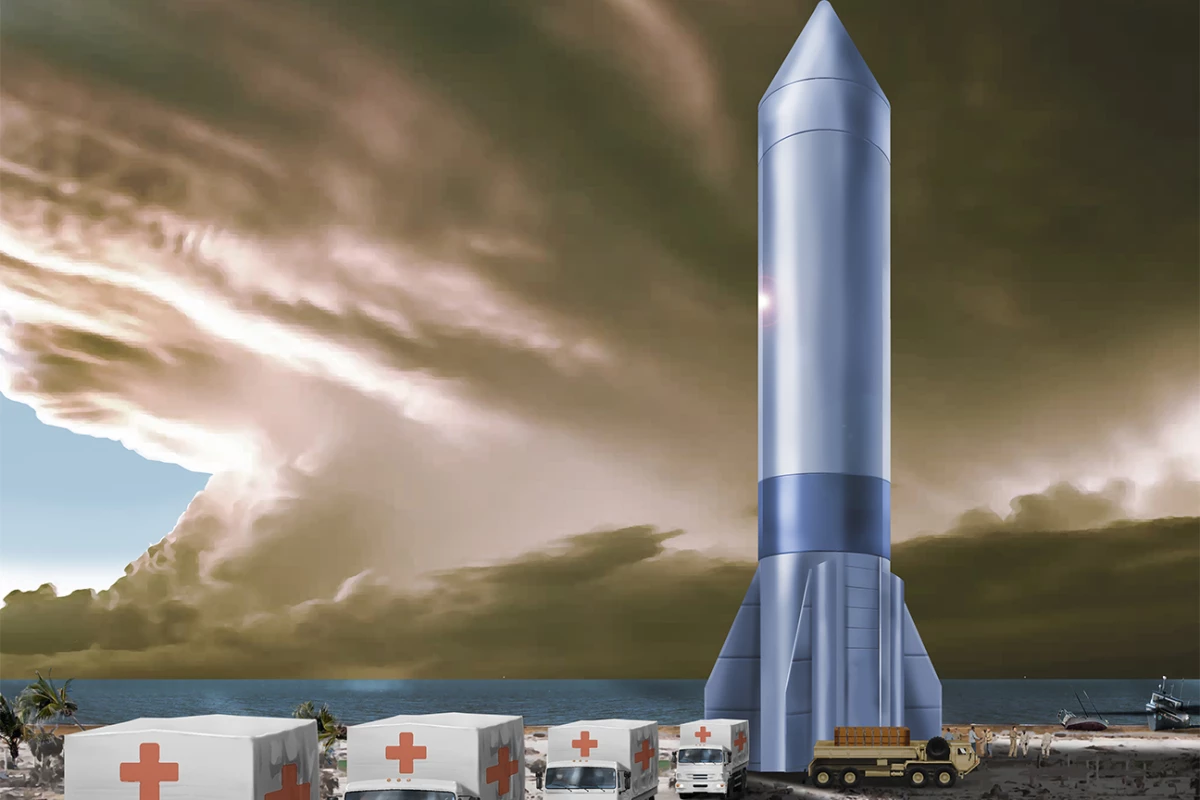 Artist's concept of a cargo rocket delivering medical supplies