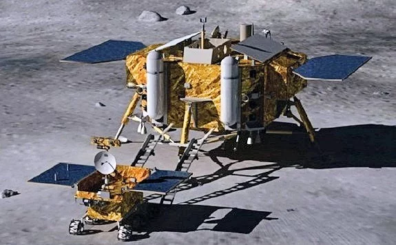Illustration of the Yu Tu lunar rover being offloaded from the Chang'e-3 lander (Image: Beijing Institute of Spacecraft System Engineering via Xingua)