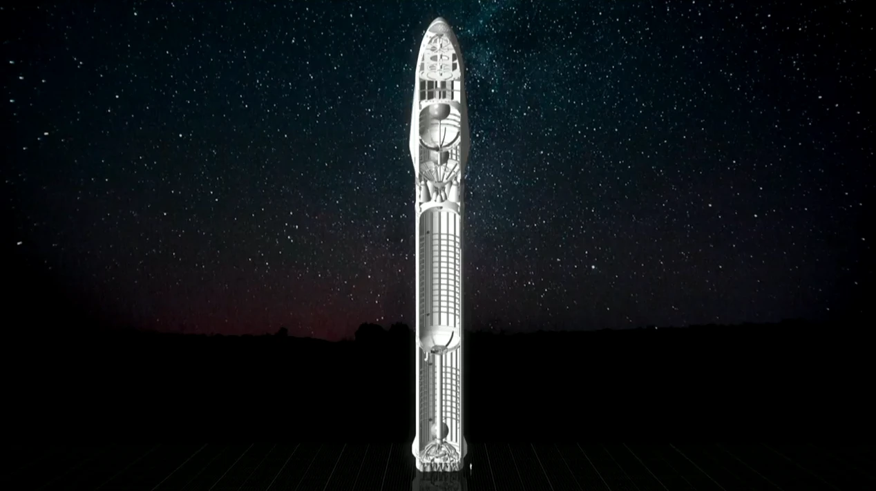 The rocket next to a human being in the lower right