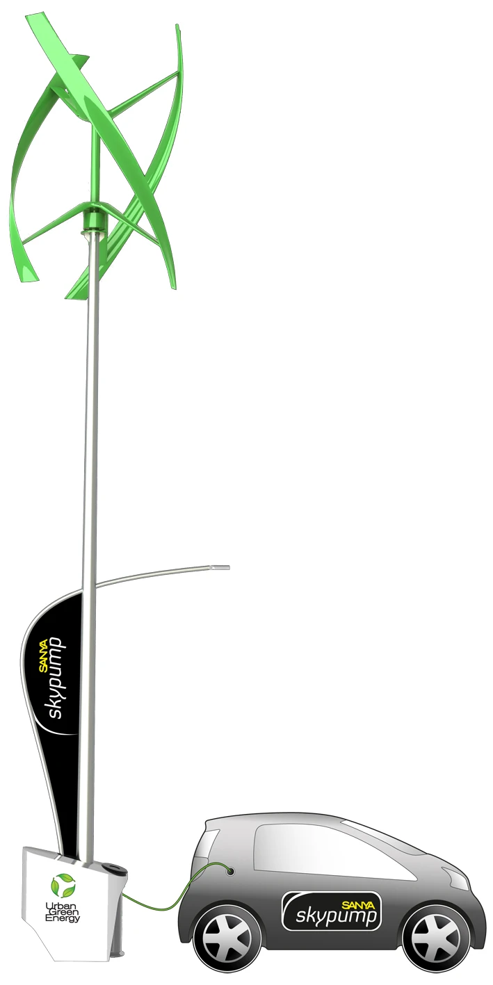 The Sanya Skypump combines a 4 kW turbine developed by New York's Urban Green Energy and General Electric's WattStation charging technology