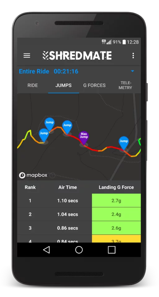 The app displays a trail map, with jumps highlighted on it
