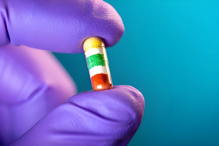 The new capsule showing color-coded test medications between barriers designed to dissolve at different rates