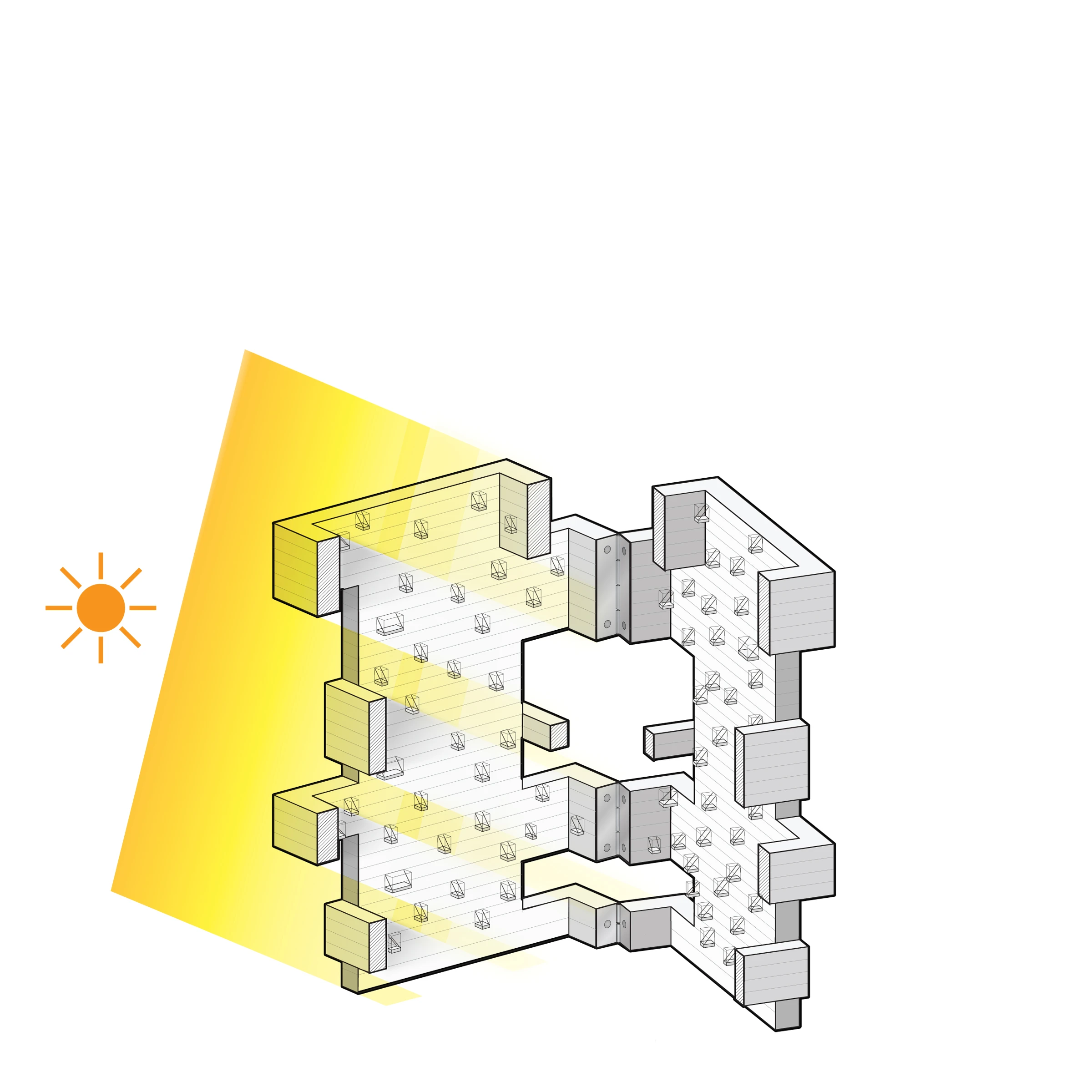 The hollowness that this gives the building means the apartments form a thin perimeter shell with windows facing both outward and inward. That the apartments have windows on either sides also increases the effectiveness of natural ventilation