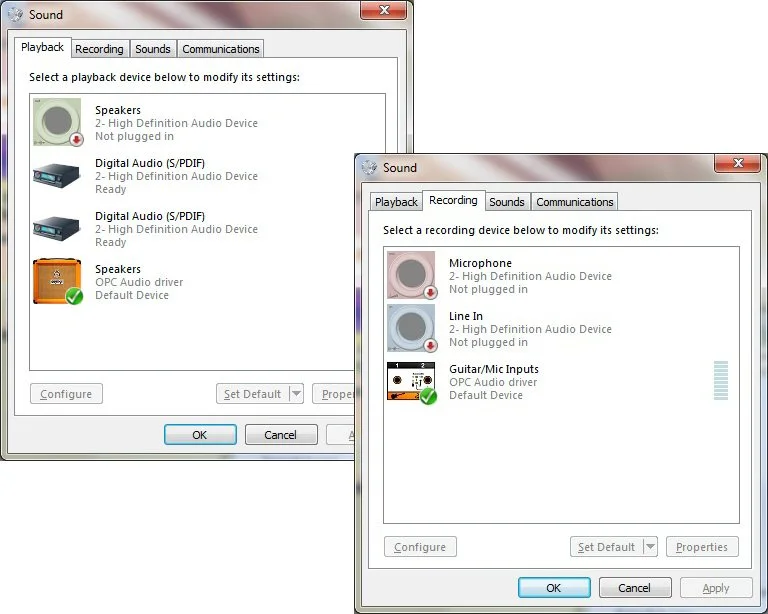 The various playback and recording audio options available on the OPC