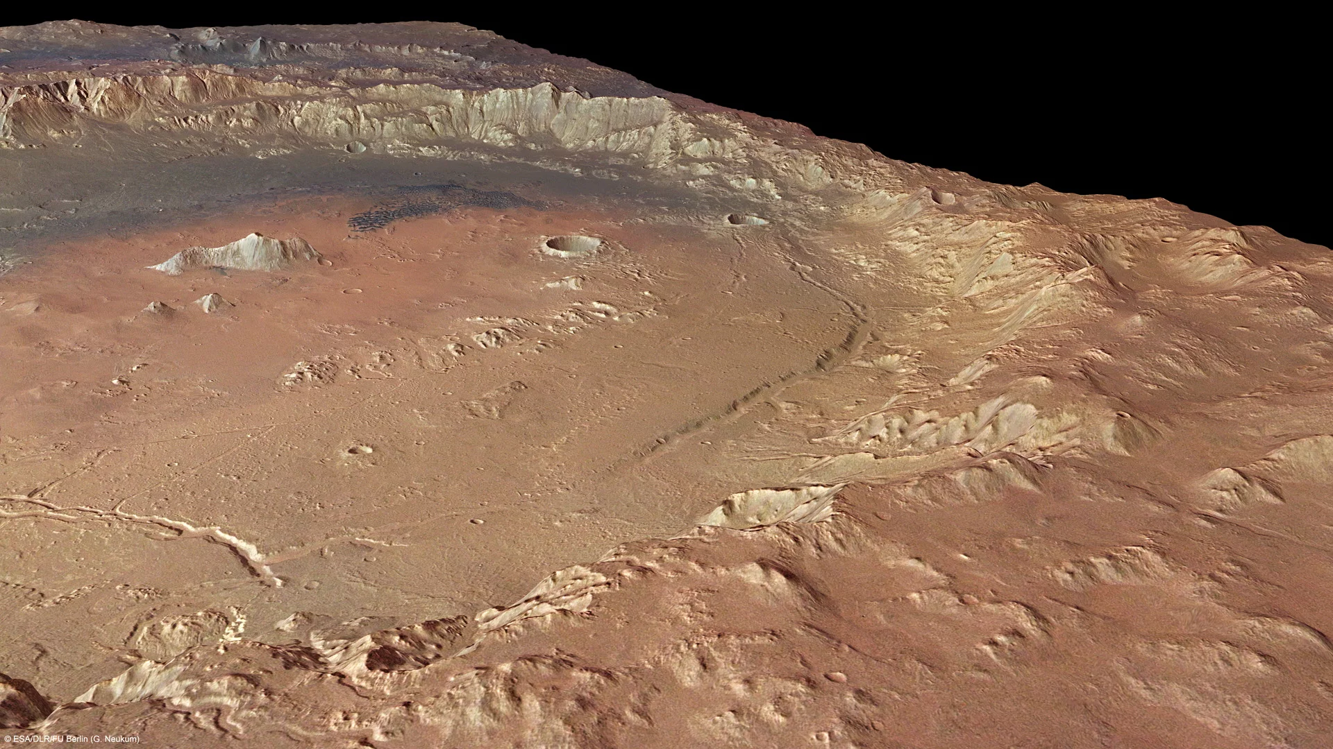 Holden crater is 140 km across. It is located in the southern highlands of Mars (Credit: ESA/DLR/FU Berlin (G. Neukum), CC BY-SA 3.0 IGO)