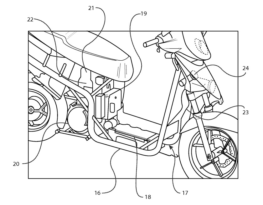 A patent drawing indicates what is hiding underneath the otherwise normal cowling of the LEAP scooter.