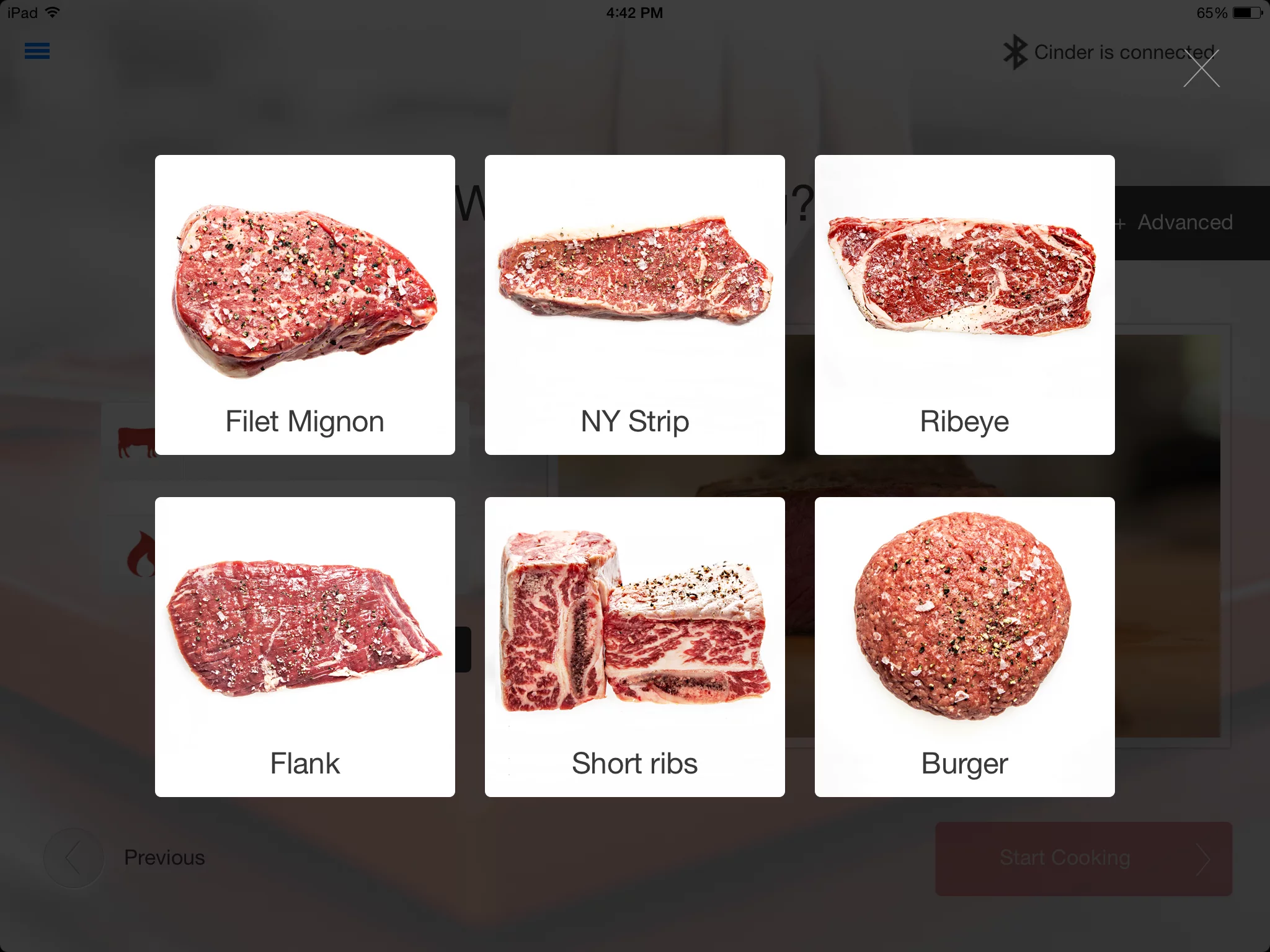 The Cinder Sensing Cooker app meat slection