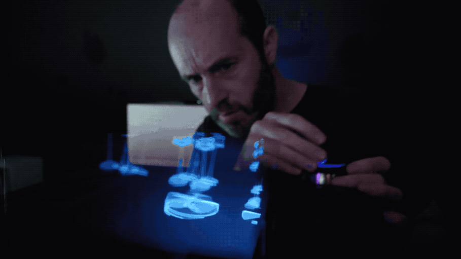 Voxon Photonics co-founder Gavin Smith with the VX1 hologram table