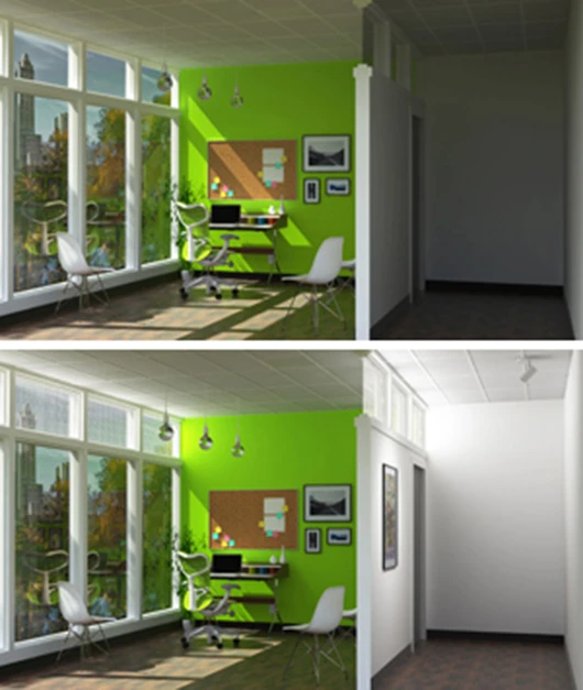 A rendering showing how SmartLight off could direct sunlight into "light-locked" rooms using multiple electrofluidic grids (Image: Timothy Zarki)