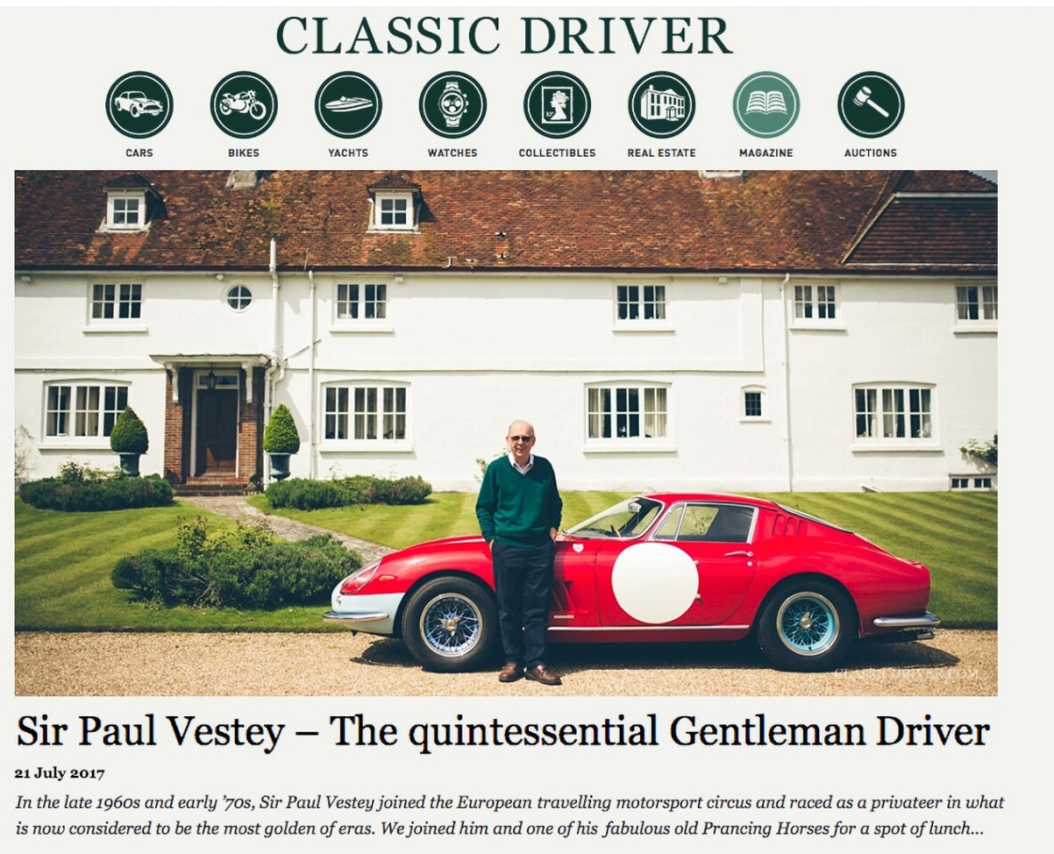 An extensive article in Classic Driver on Sir Paul Vestey, the custodian of Ferrari 250 GTO #4115GT. Paul has owned the car since 1981, and has driven it in the 20th, 25th, 30th, 35th, 40th and 50th anniversary GTO tours, the Goodwood Festival of Speed, Goodwood Revival, Prada Italia Classica, Christie's International Historic Festival at Silverstone, Tour de France Auto, Louis Vuitton Classic Boheme Run and attended Brandon Wang's GTO Garden party.