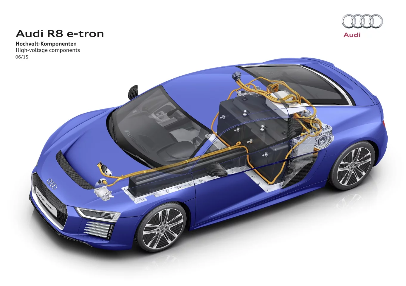 The R8 e-tron's battery delivers up to 279 miles (450 km) of range
