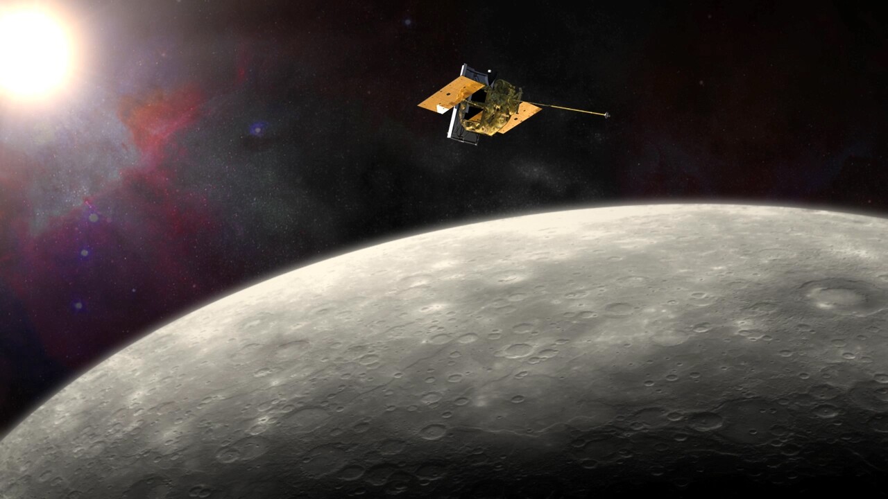 Artist's impression of the MESSENGER spacecraft in orbit around the planet Mercury
