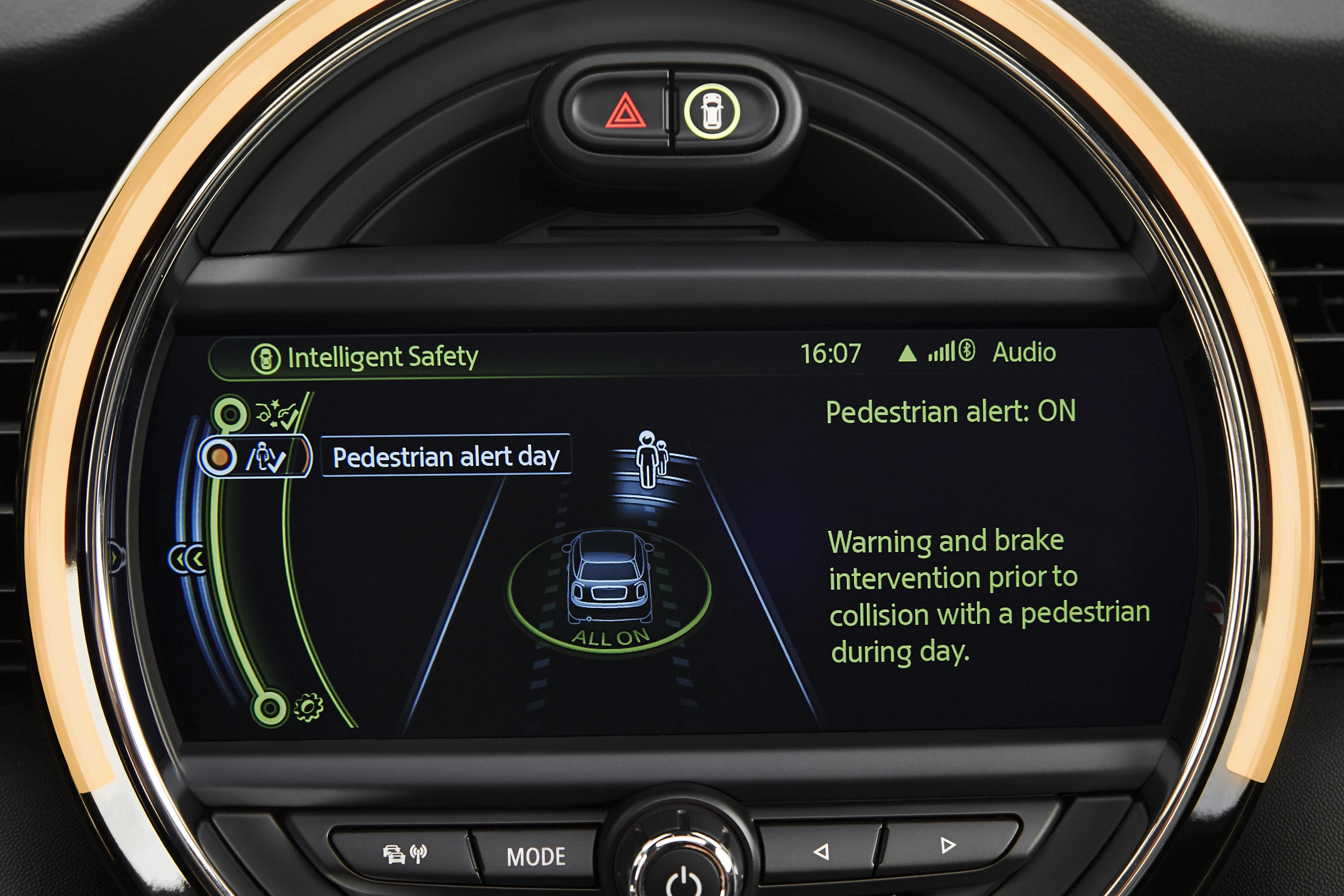 Pedestrian warning with city braking function