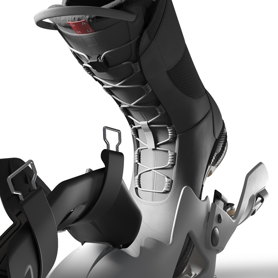 The Dahu Swiss Boot's quick-release entry/exit system includes micro-adjustable buckles, allowing users to fine-tune the fit