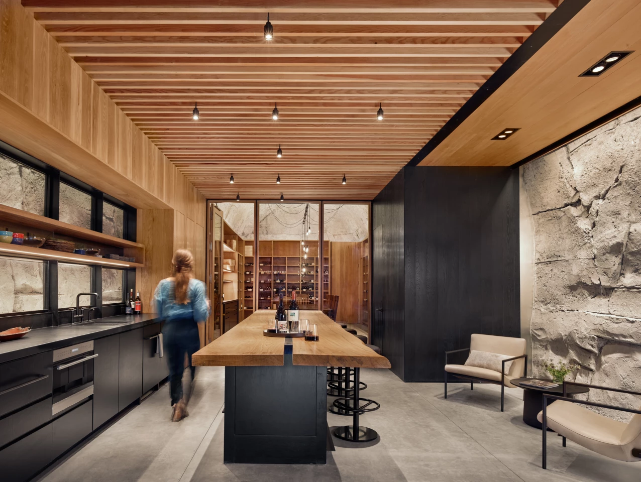 Hill Country Wine Cave is situated inside a cave and makes use of locally sourced materials. Great care was taken to make the space watertight and climate controlled, and it hosts over 4,000 bottles of wine