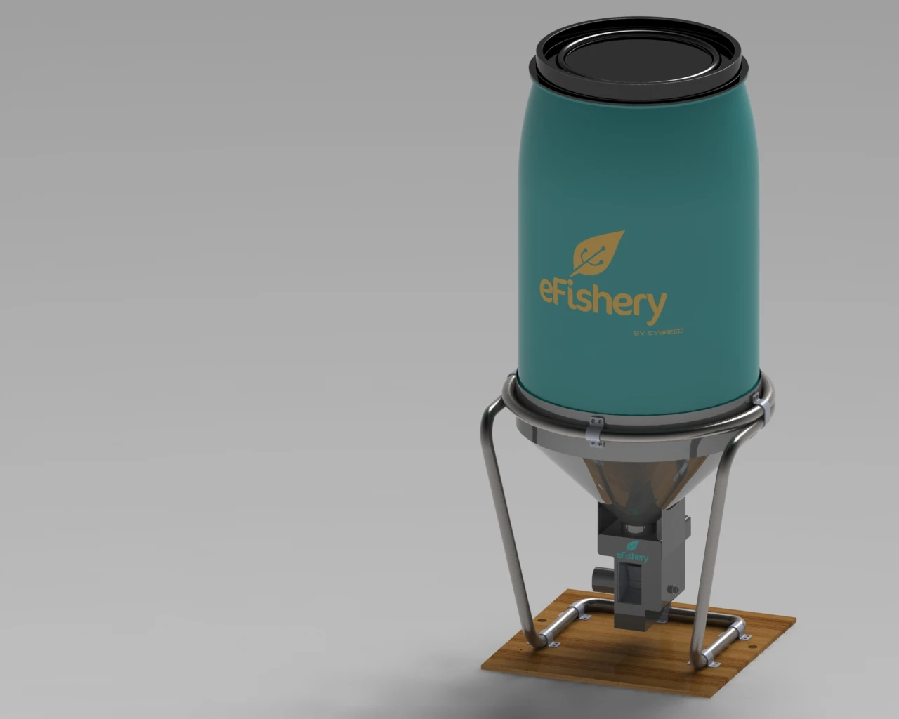 The top-loading eFishery currently works with fish feed pellets