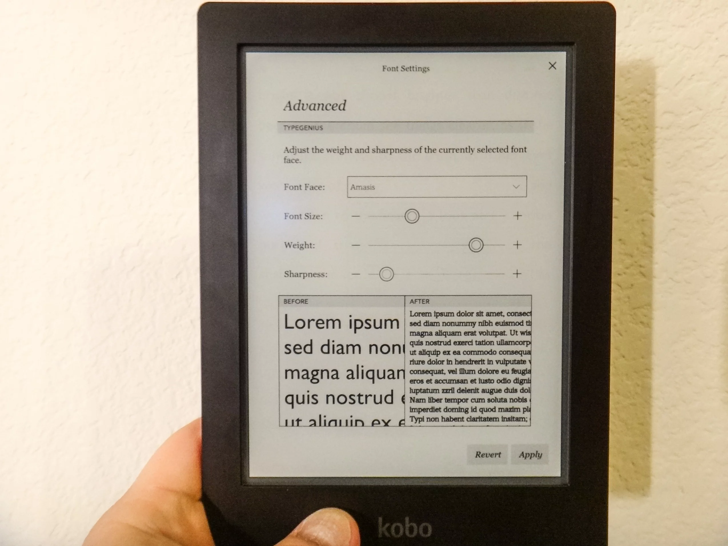 Kobo has built in a wide selection of customization options for the text, including sliders for font size, line spacing, margins, sharpness, and weight, plus 11 different fonts to choose from