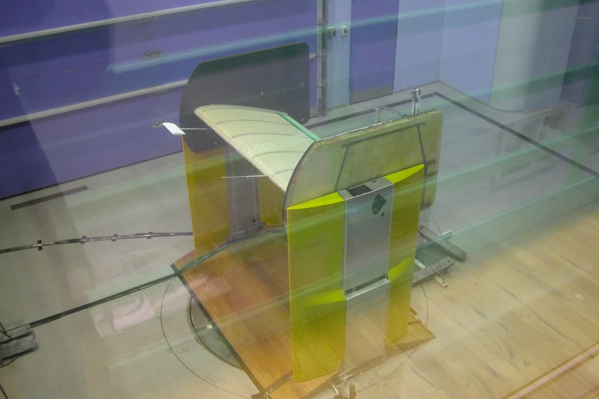 Risoe DTU's wind turbine blade section being tested in a wind tunnel
