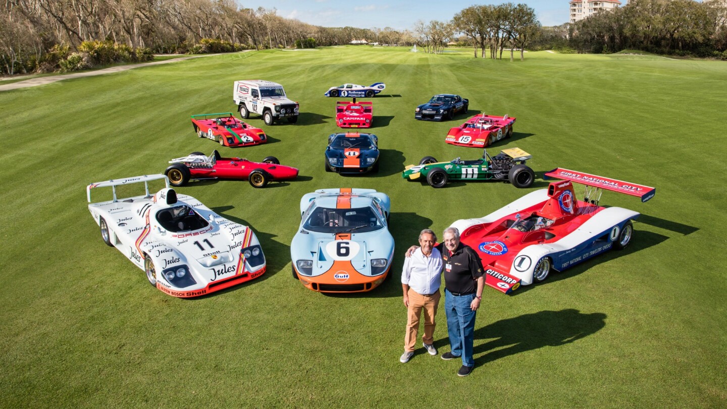 Amelia Island Concours d’Elegance founder Bill Warner and the 2019 honoree, Jacky Ickx, and a selection of cars driven by Ickx during his career: a Porsche 936/81, a 1971 Ferrari 312 PB, two Ford GT40s, a 1968 Ferrari 312 F1, a 1975 Alfa Romeo T33/TT/12 and at back left is the 1983 Mercedes-Benz 280GE in which he won the Paris-Dakar rally