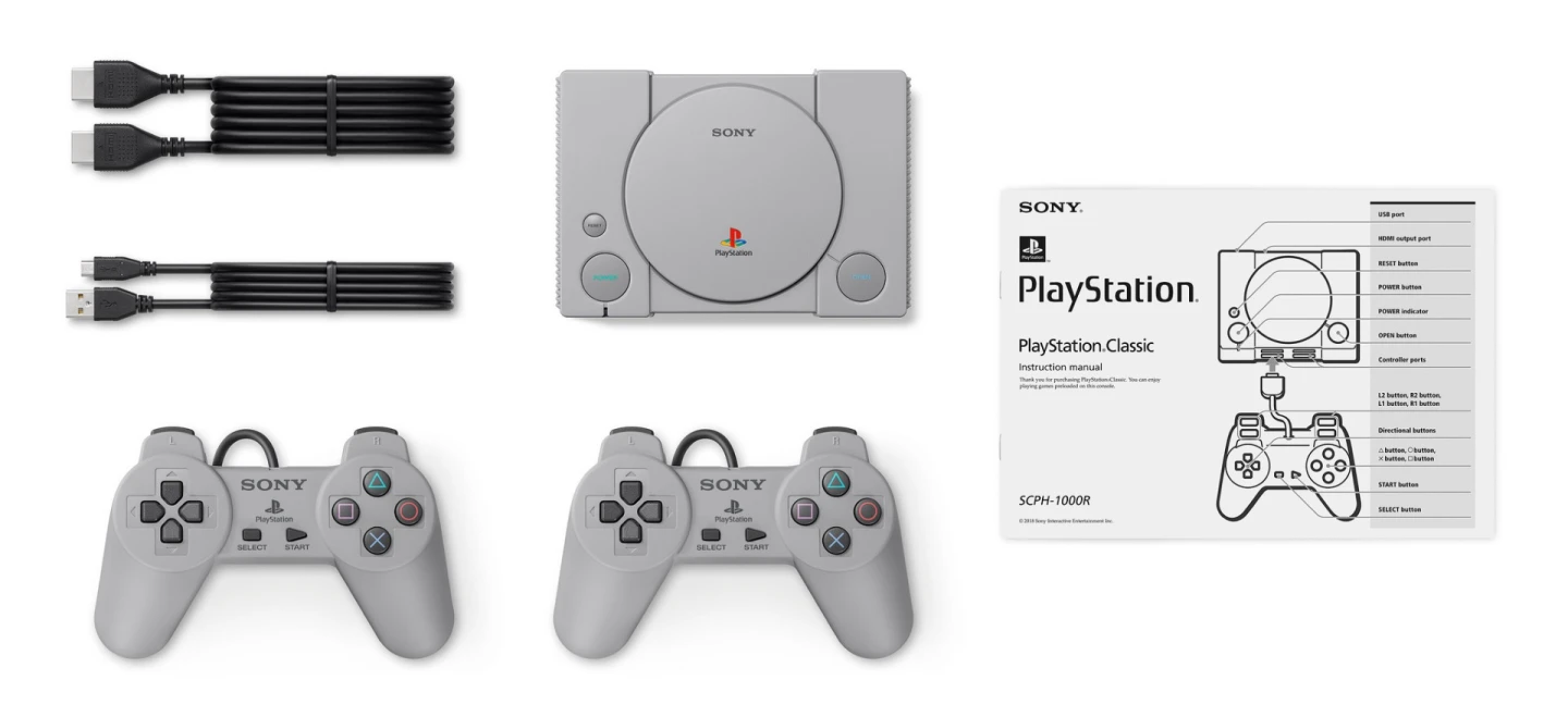 The PlayStation Classic includes two controllers, a USB cable for power and an HDMI cable to output to a TV