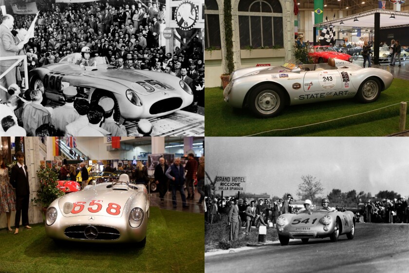 Two of the cars which competed in the 1955 Mille Miglia, then and now. A Mercedes 300 SLR which needs no introduction, and a Porsche 550 Spyder, one of around 100 built with Wendler bodywork. The 550 had just 1500cc of boxer four engine, produced around 110 bhp weighs just 550 kg. Six of these left the start line in 1955 and three of them finished in the placings of their class, with one eighth outright.