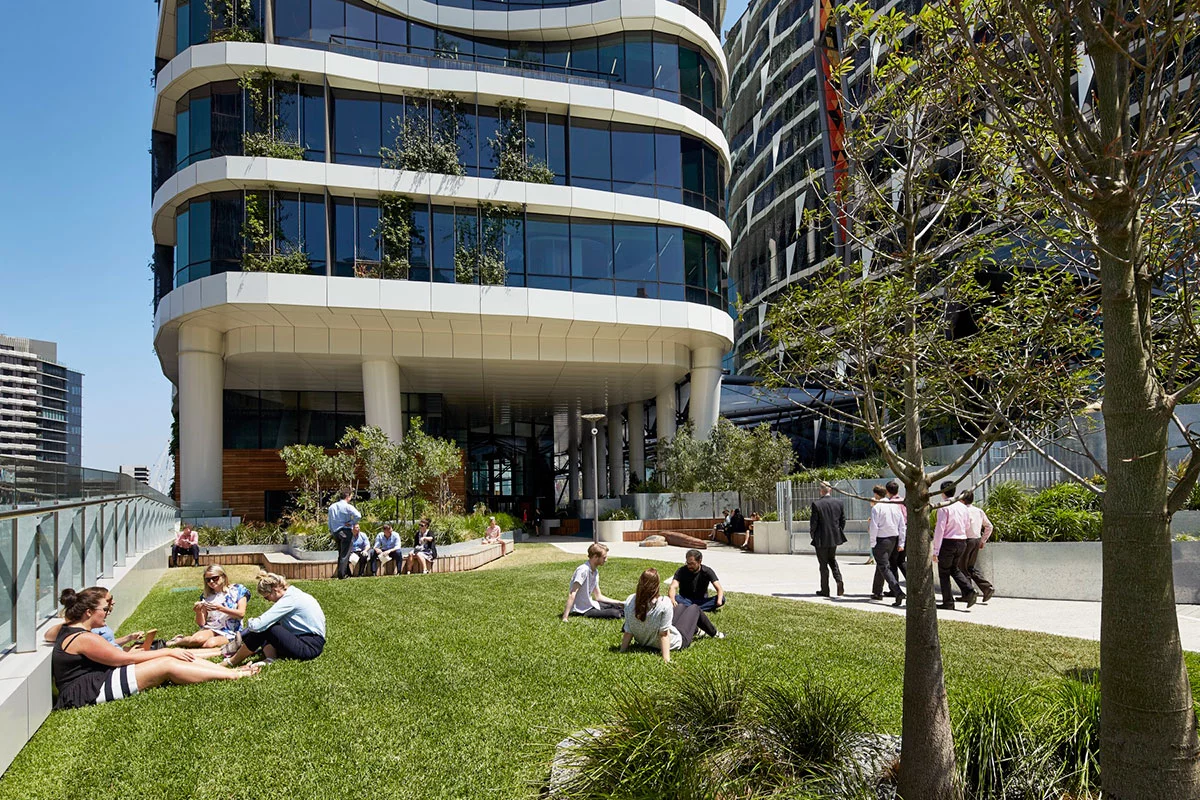 There is green space outside the building for relaxing
